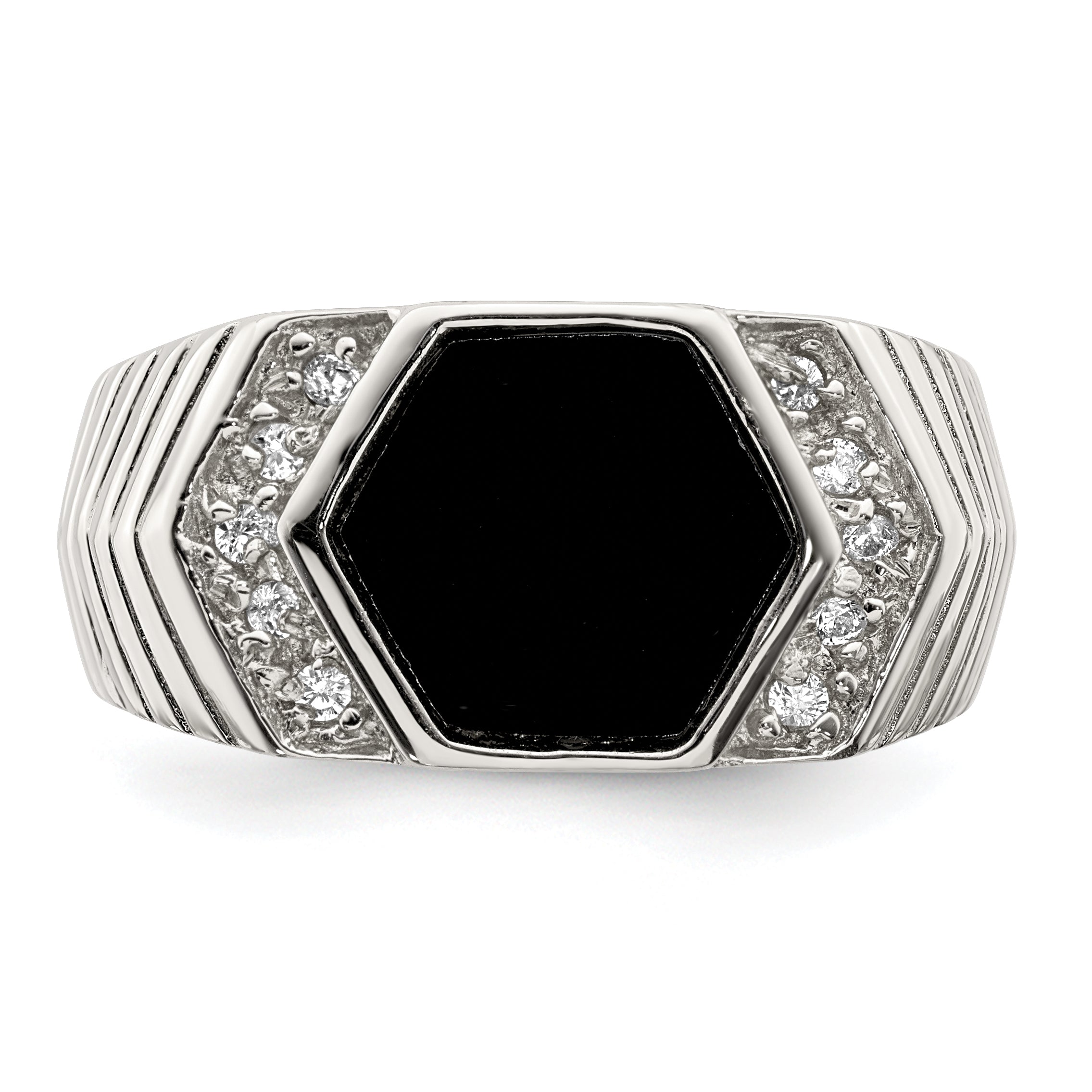 Sterling Silver Rhodium-plated Men's CZ and Onyx Ring - 9