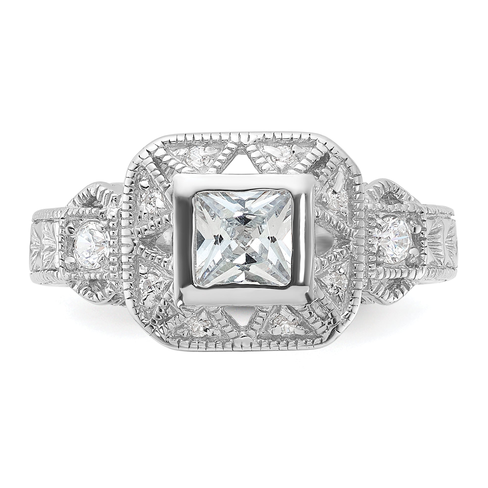 Sterling Silver Rhodium-plated CZ Antique Style Ring