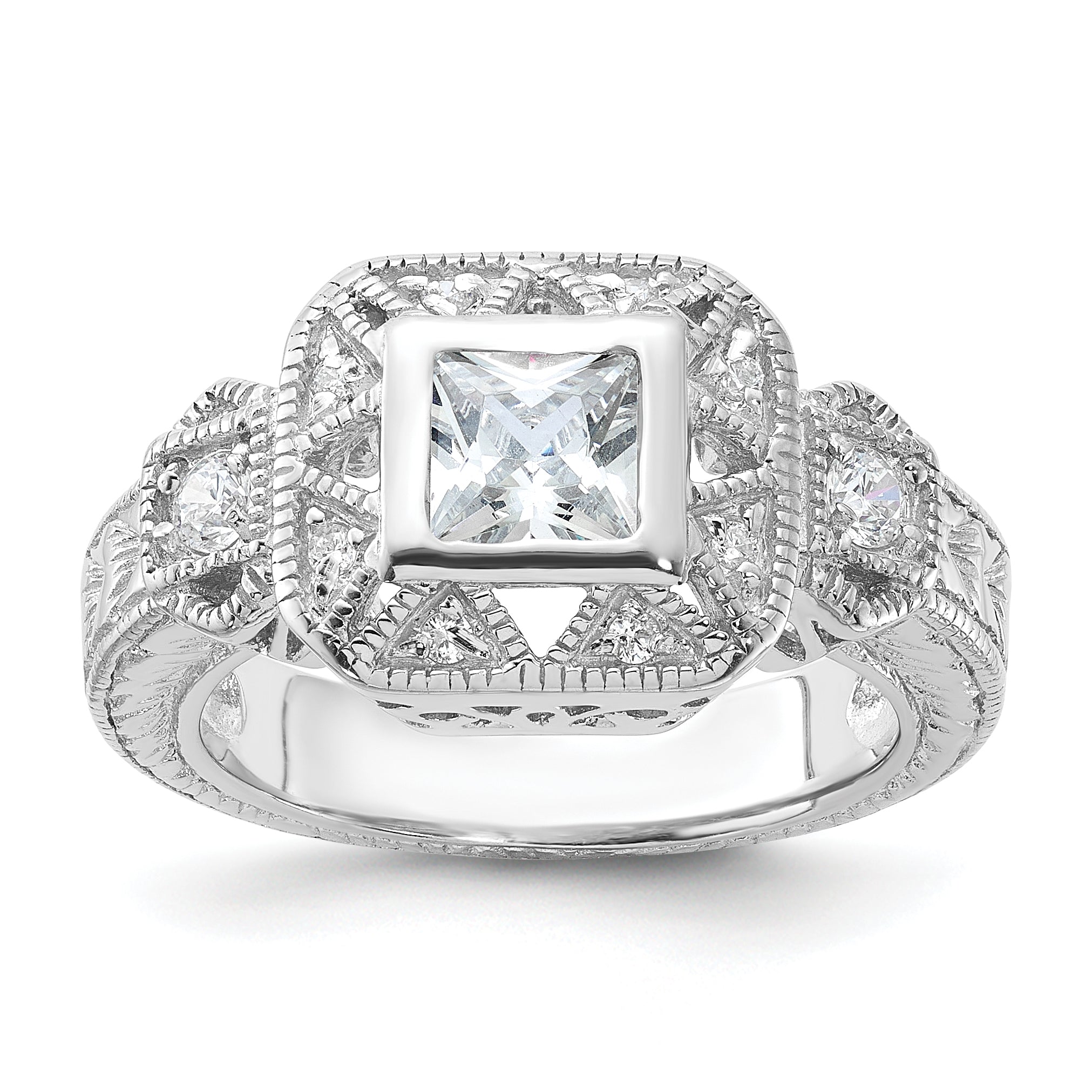 Sterling Silver Rhodium-plated CZ Antique Style Ring