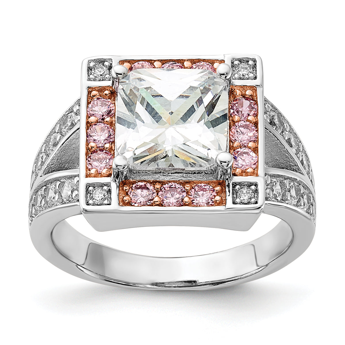 Sterling Silver With Rose-tone Vermeil Polished Square Pink & Clear CZ Ring