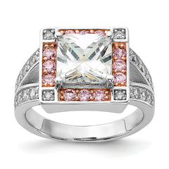Sterling Silver With Rose-tone Vermeil Polished Square Pink & Clear CZ Ring