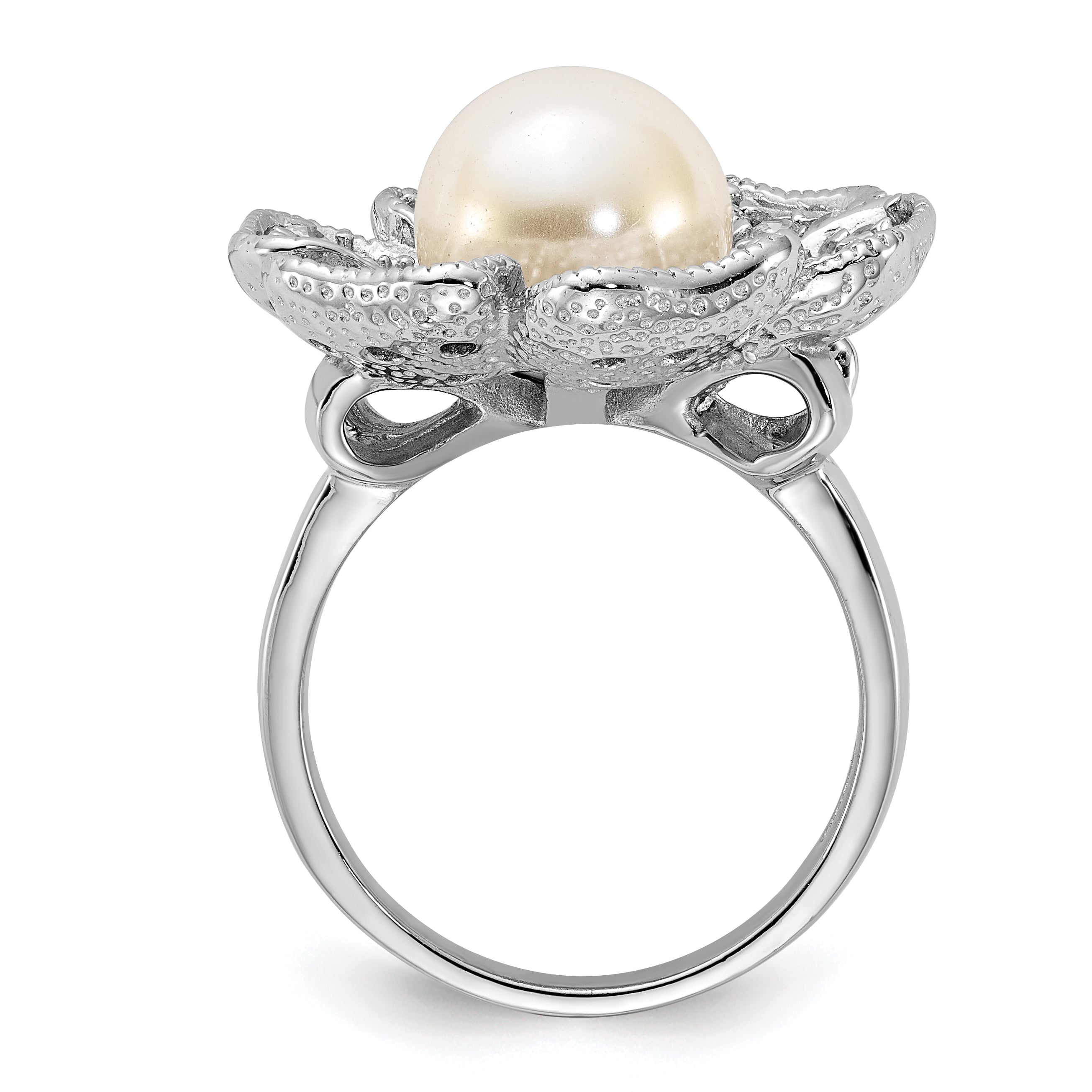 Sterling Silver Polished Simulated Pearl & CZ Flower Ring