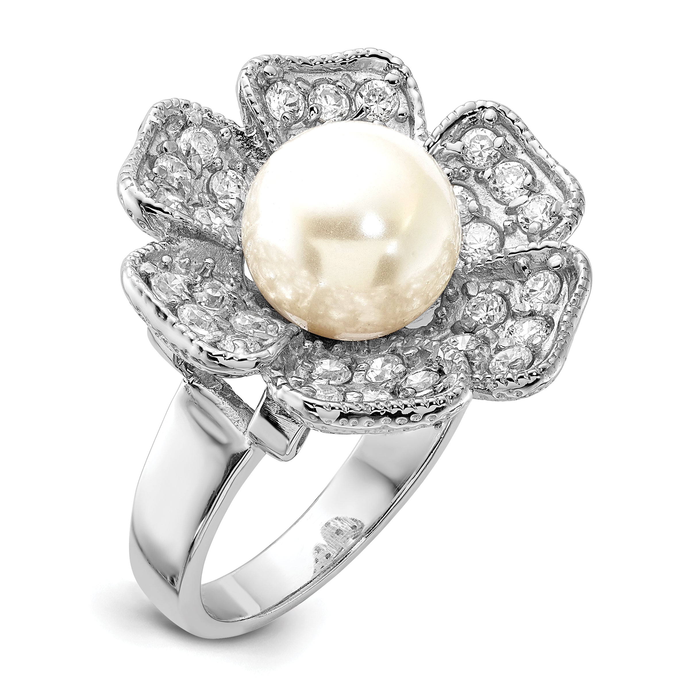 Sterling Silver Polished Simulated Pearl & CZ Flower Ring