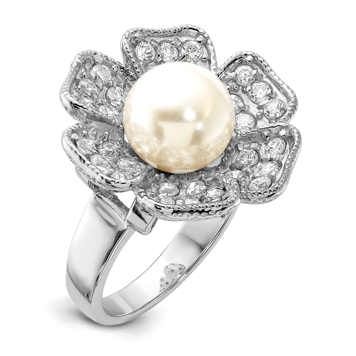 Sterling Silver Polished Simulated Pearl & CZ Flower Ring