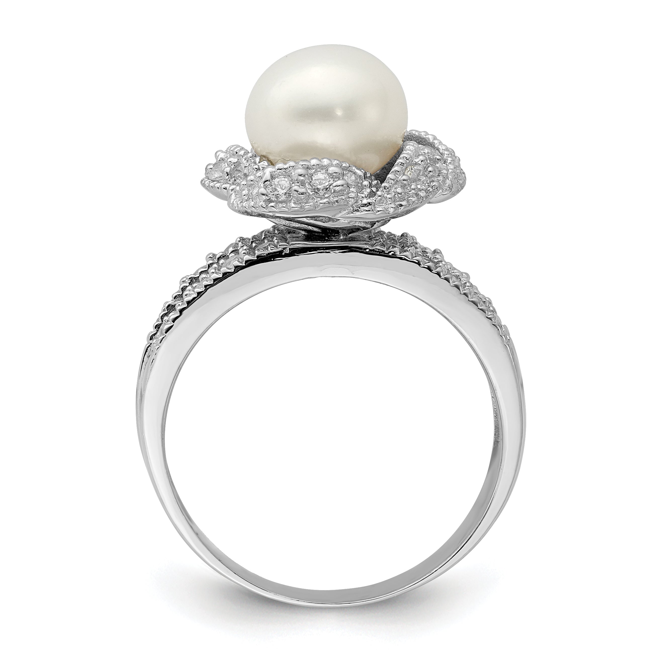 Sterling Silver Rhodium-plated Simulated Pearl and CZ Ring