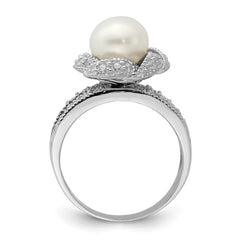 Sterling Silver Rhodium-plated Simulated Pearl and CZ Ring