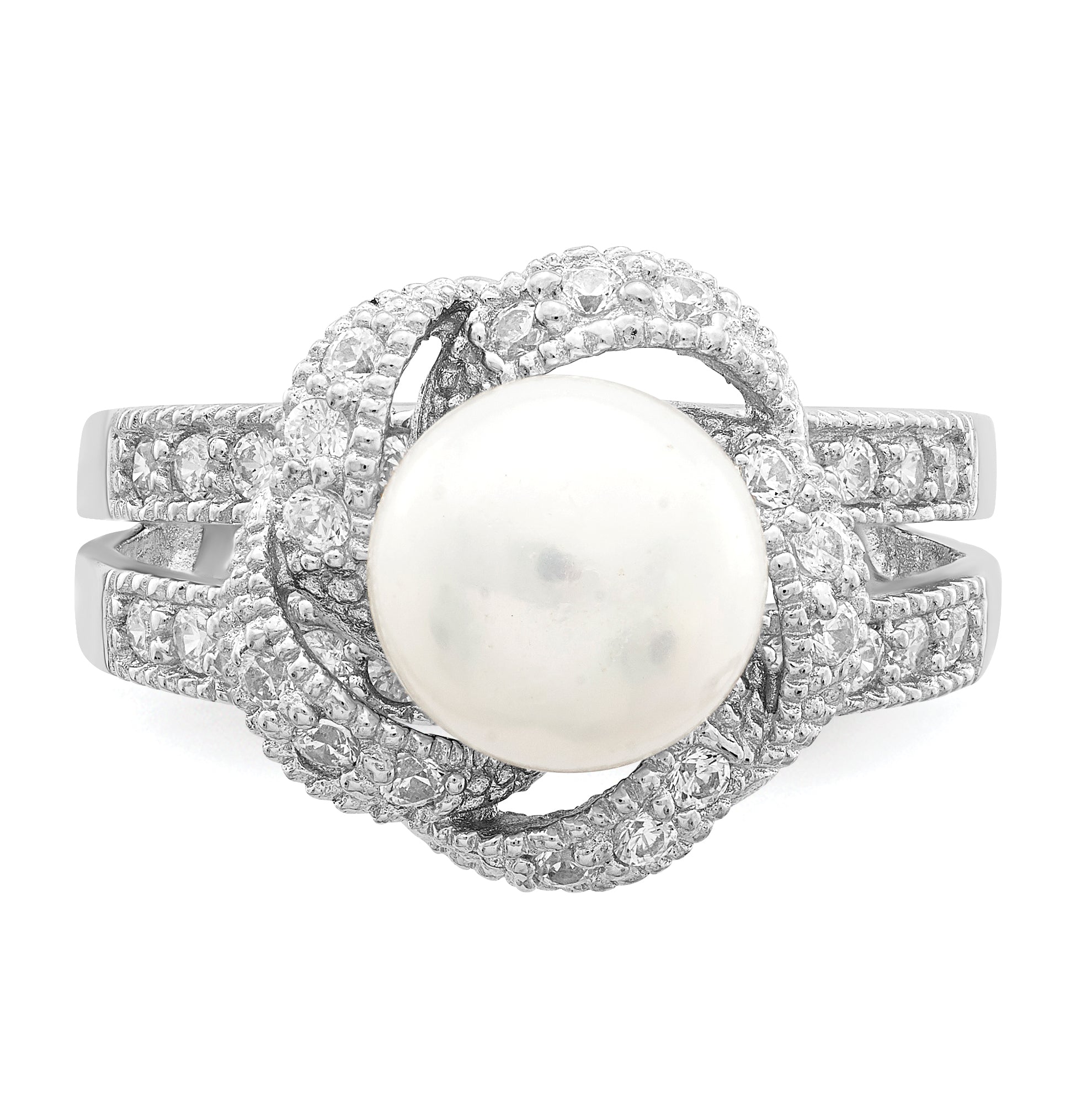 Sterling Silver Rhodium-plated Simulated Pearl and CZ Ring
