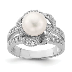 Sterling Silver Rhodium-plated Simulated Pearl and CZ Ring