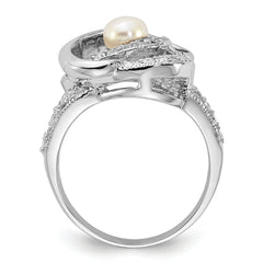 Sterling Silver Polished Simulated Pearl and CZ Ring