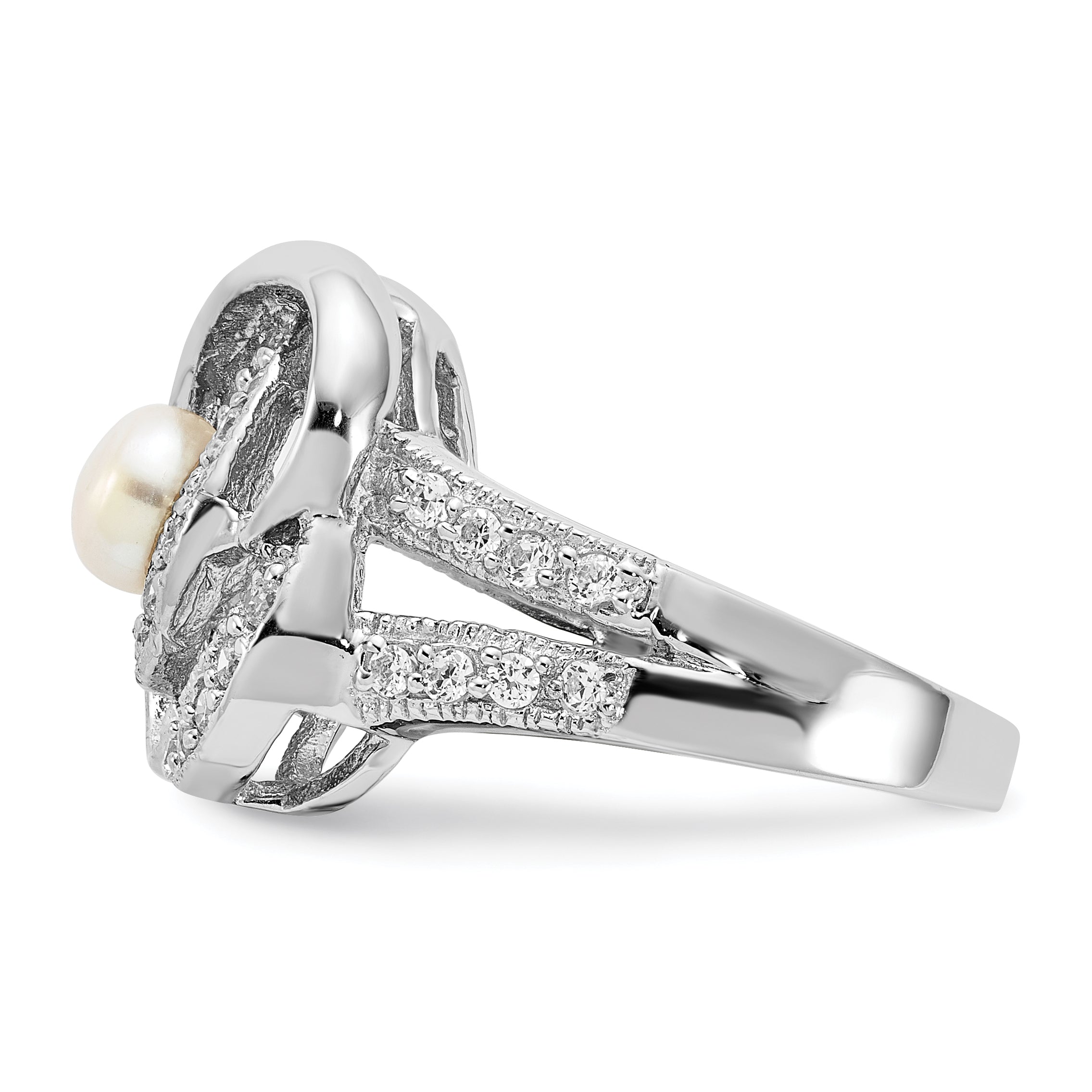 Sterling Silver Polished Simulated Pearl and CZ Ring