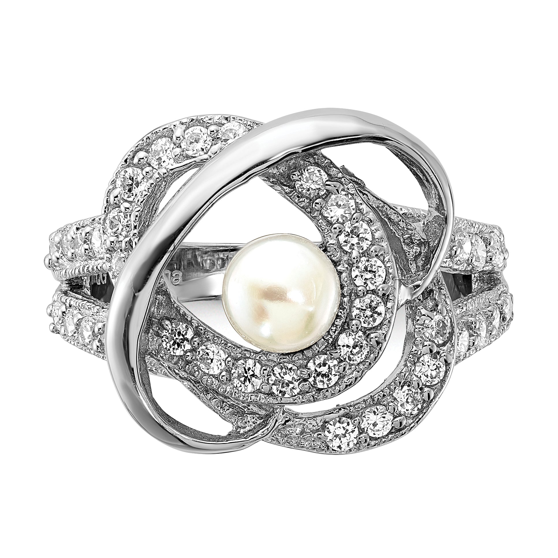 Sterling Silver Polished Simulated Pearl and CZ Ring