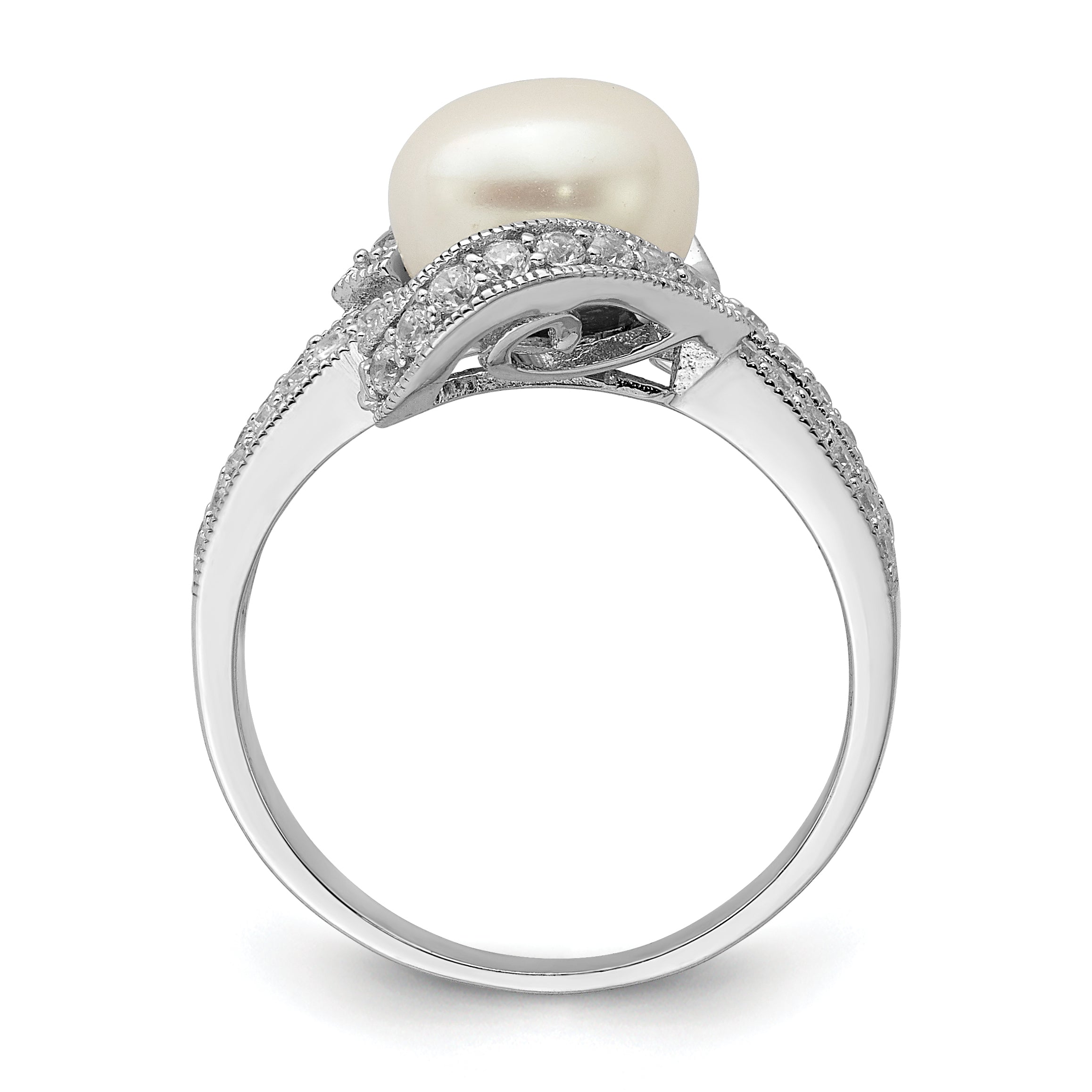 Sterling Silver Rhodium-plated Simulated Pearl and CZ Ring