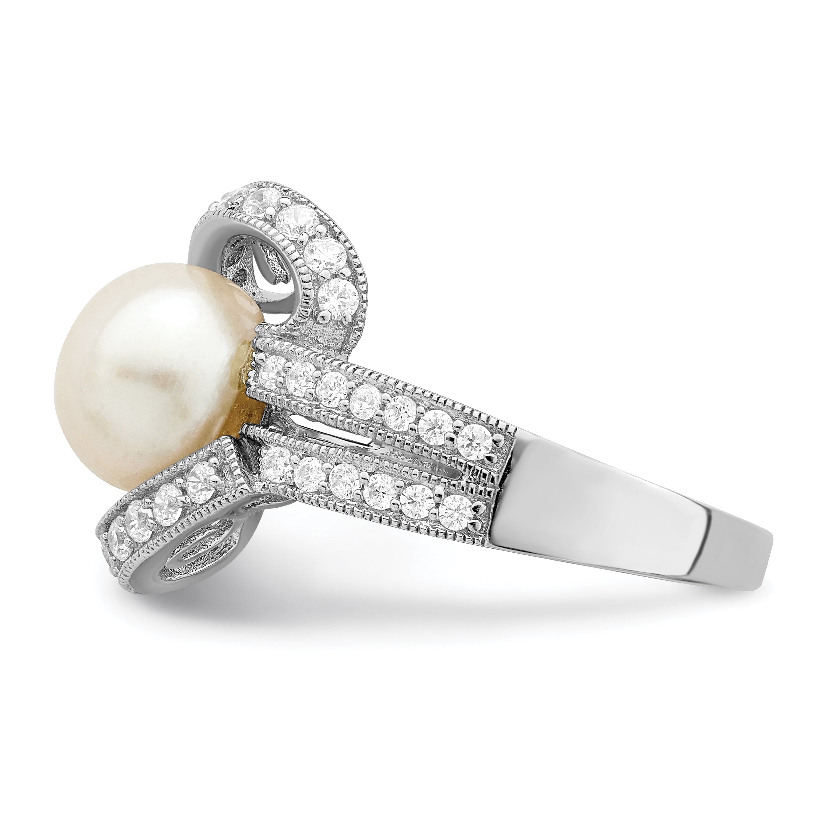 Sterling Silver Rhodium-plated Simulated Pearl and CZ Ring