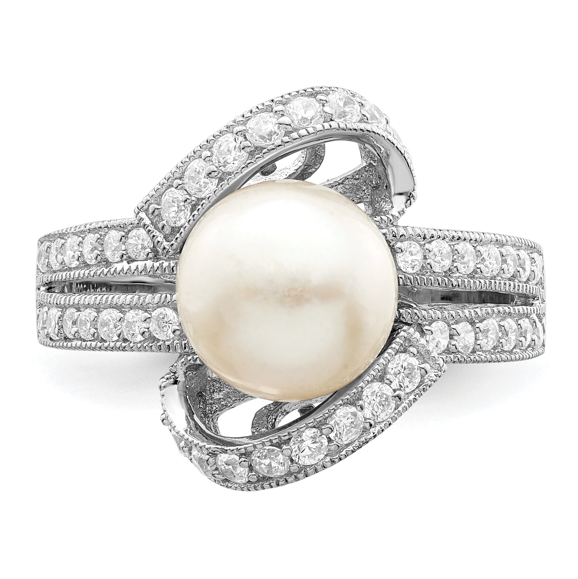 Sterling Silver Rhodium-plated Simulated Pearl and CZ Ring