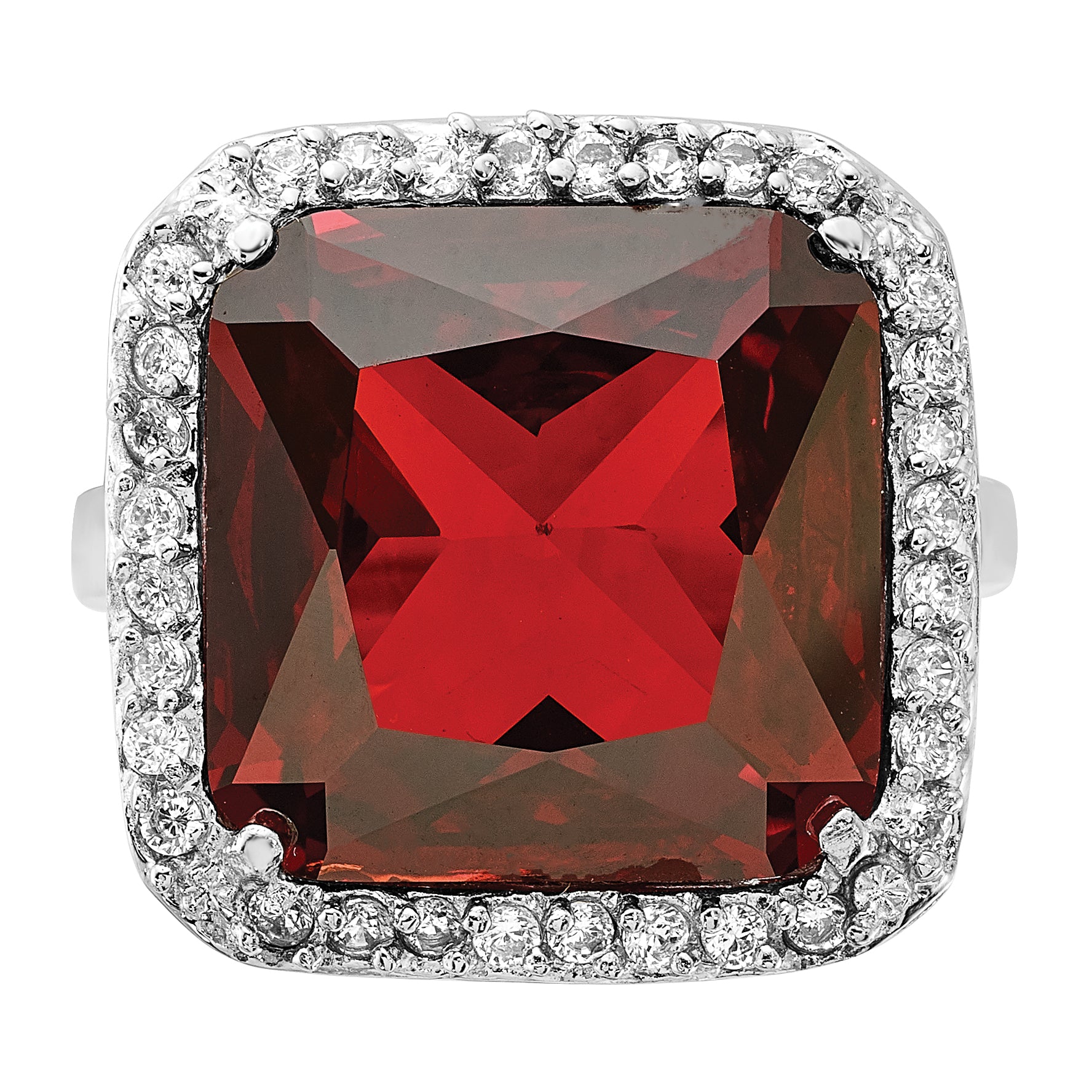 Sterling Silver Polished Red & Clear CZ Square Halo Ring