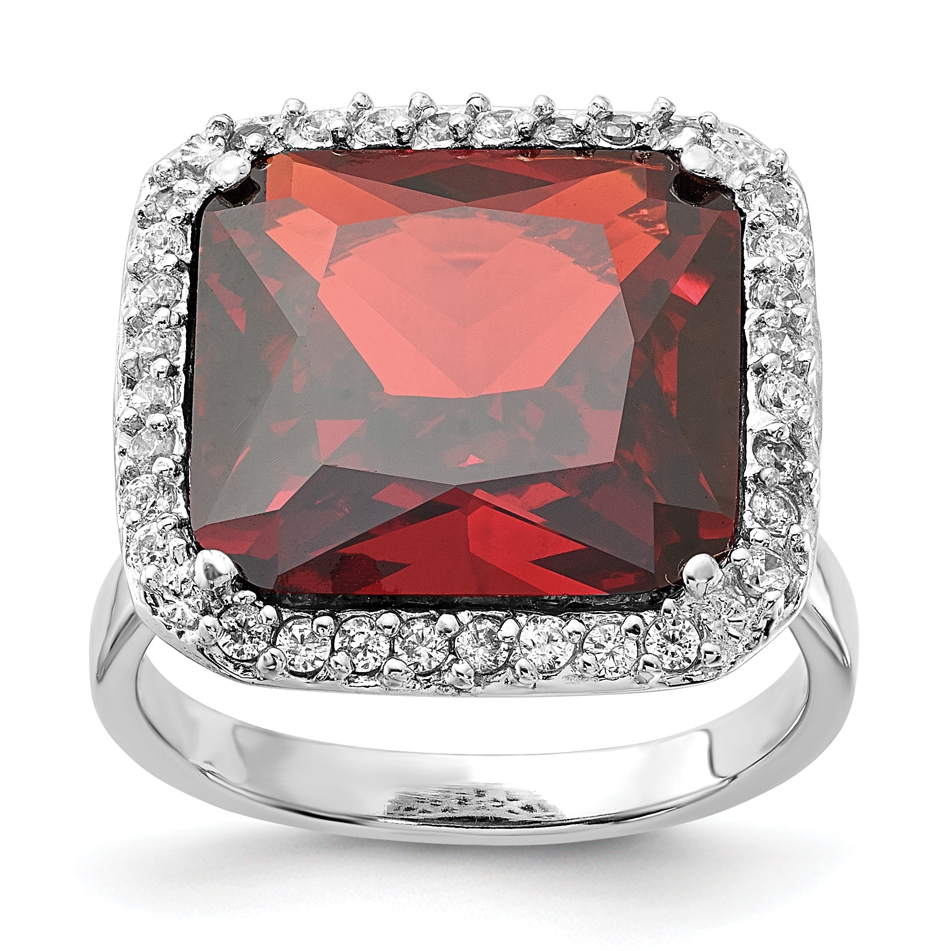 Sterling Silver Polished Red & Clear CZ Square Halo Ring