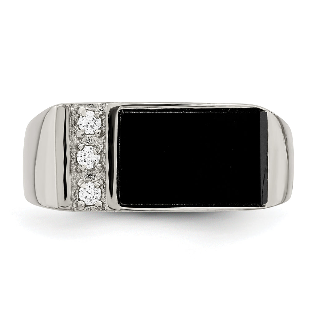 Sterling Silver Rhodium-plated Onyx & CZ Ring