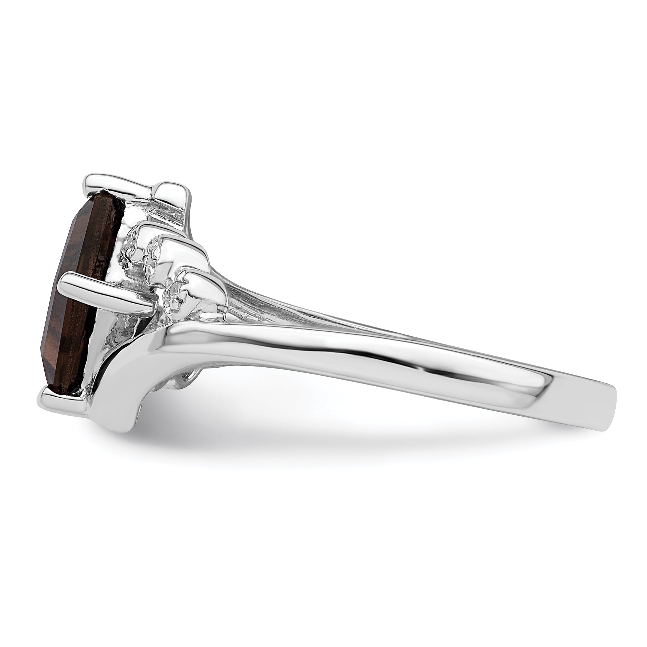 Sterling Silver Rhodium Princess-cut Smoky Quartz & Diamond Ring
