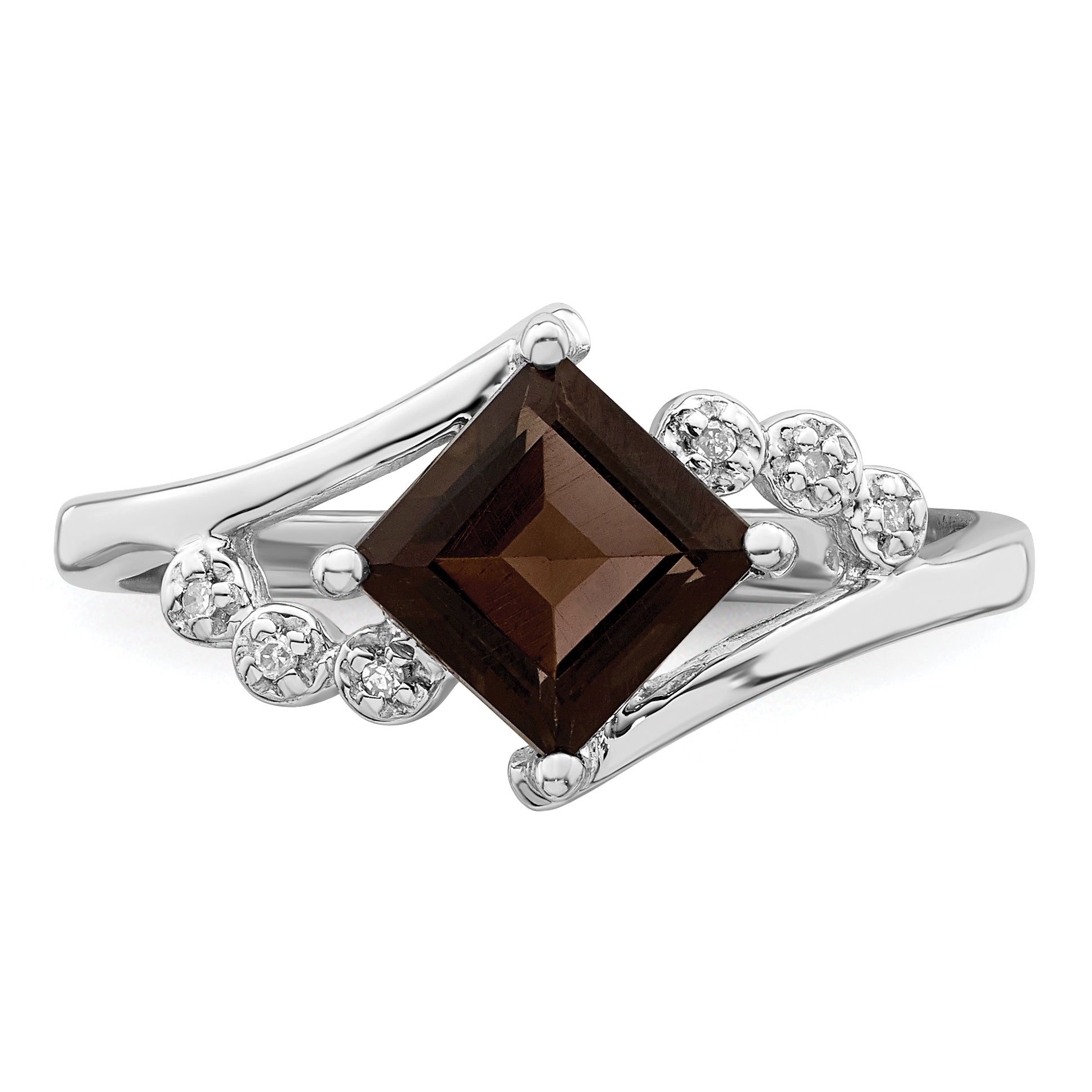 Sterling Silver Rhodium Princess-cut Smoky Quartz & Diamond Ring