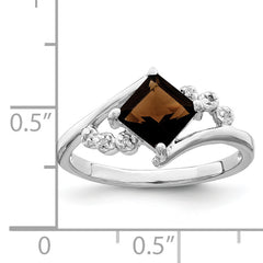 Sterling Silver Rhodium Princess-cut Smoky Quartz & Diamond Ring