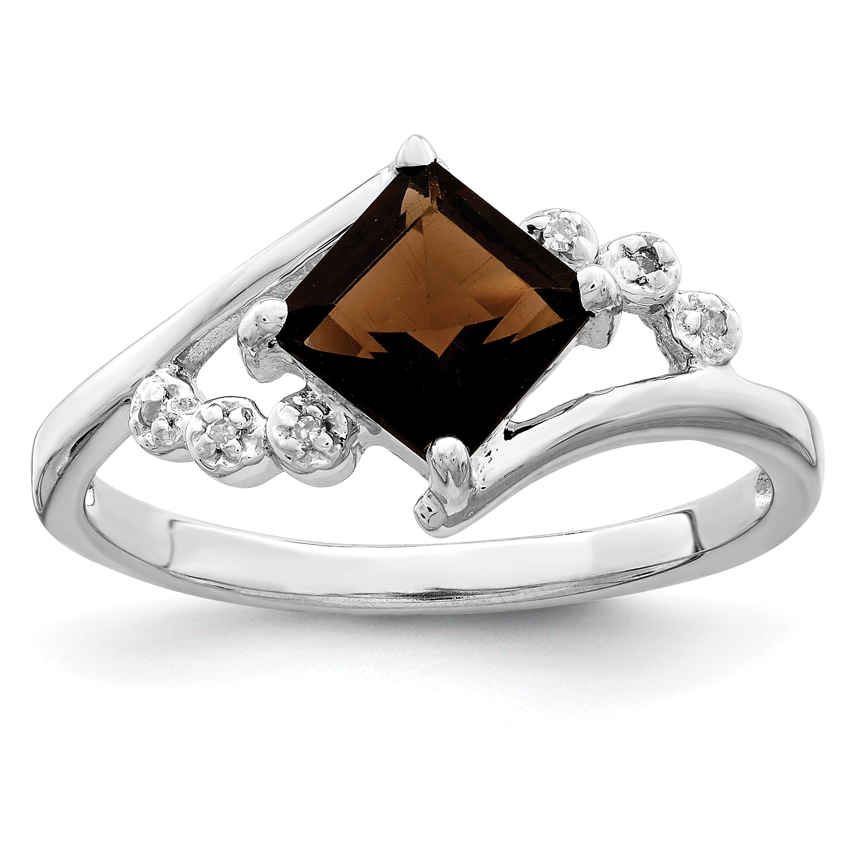 Sterling Silver Rhodium Princess-cut Smoky Quartz & Diamond Ring