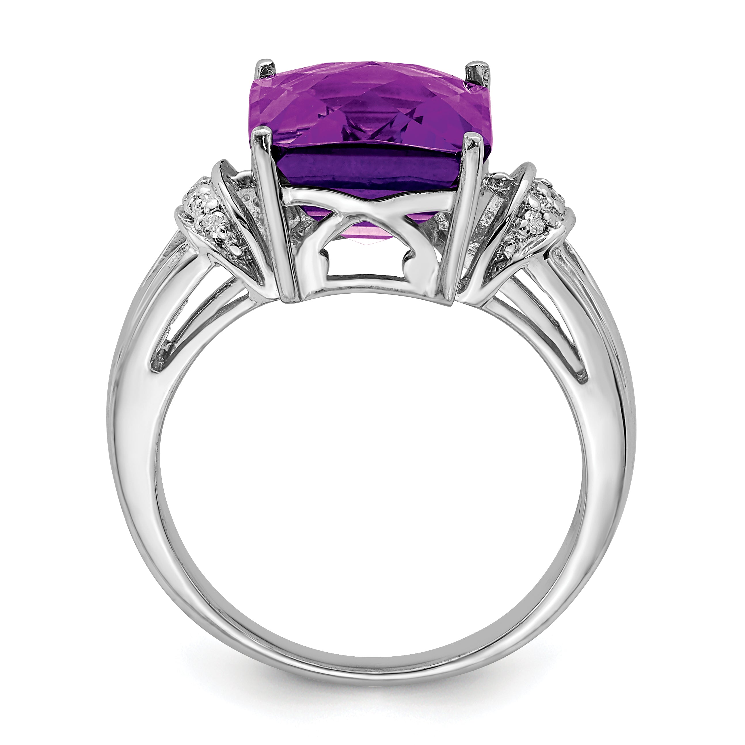 Sterling Silver Rhodium-plated Checker-Cut Amethyst & Diamond Ring Secondary image