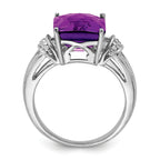 Sterling Silver Rhodium-plated Checker-Cut Amethyst & Diamond Ring