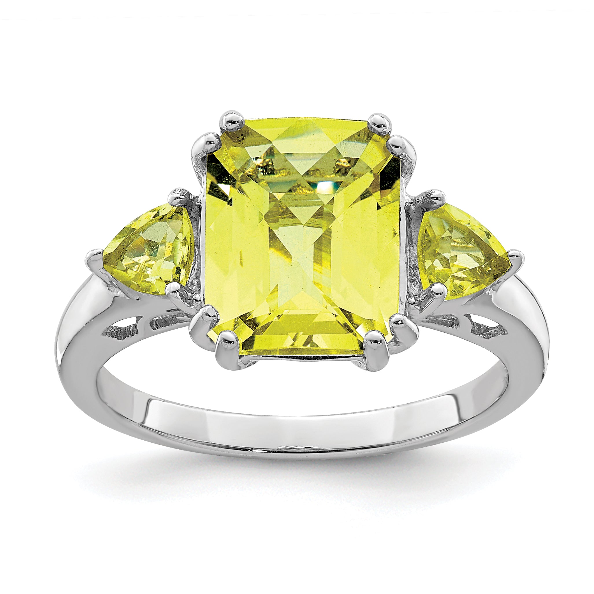 Sterling Silver Rhodium Checker-Cut Lemon Quartz Ring Main image