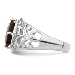 Sterling Silver Rhodium Checker-Cut Smoky Quartz & Diamond Ring
