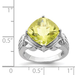 Sterling Silver Rhodium Checker-Cut Lemon Quartz Ring