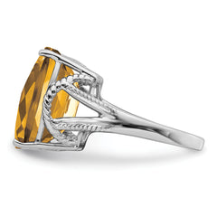 Sterling Silver Rhodium Octagonal Checker-Cut Whiskey Quartz Ring - 7