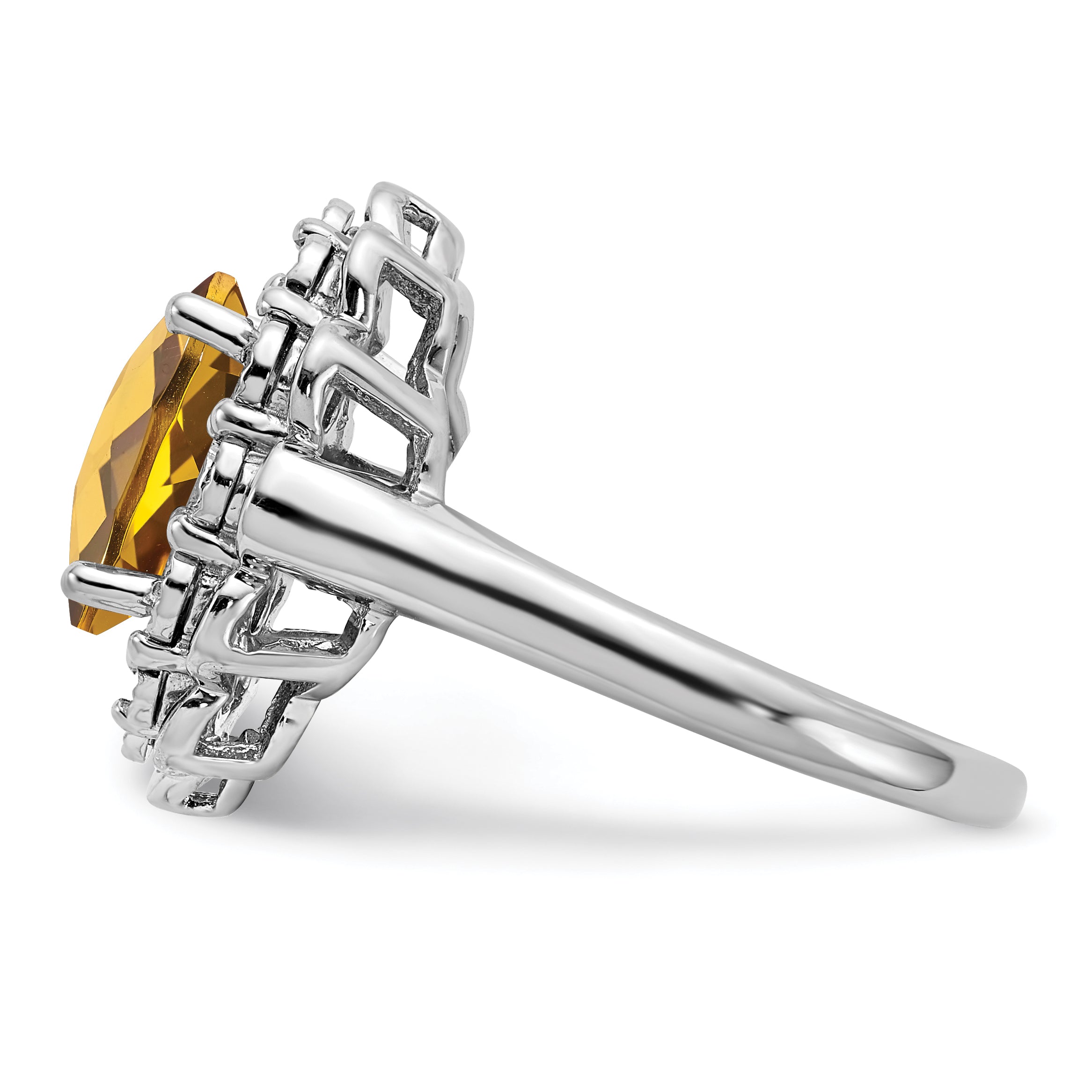 Sterling Silver Rhodium Diamond & Oval Checker-Cut Whiskey Quartz Ring - 7