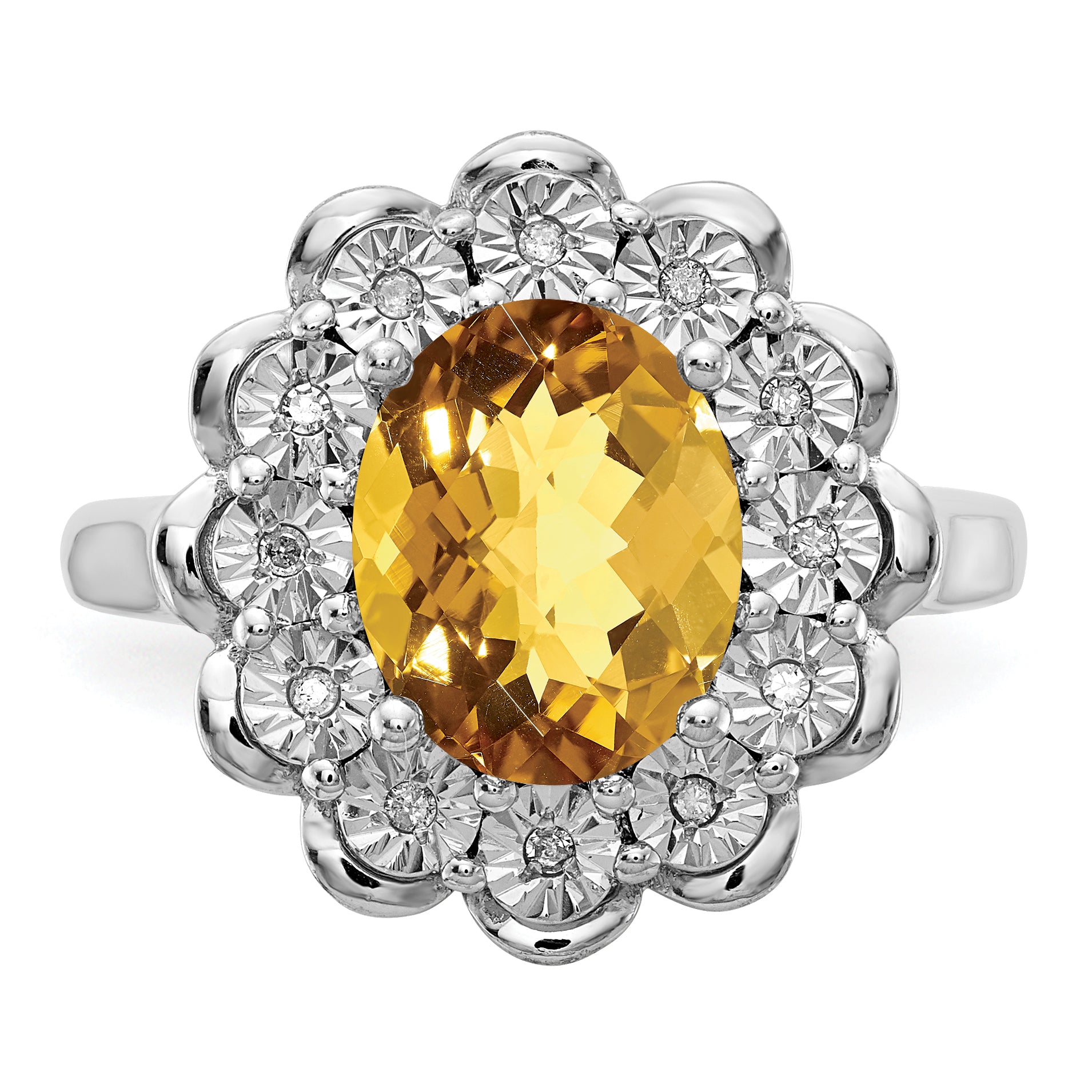 Sterling Silver Rhodium Diamond & Oval Checker-Cut Whiskey Quartz Ring - 7