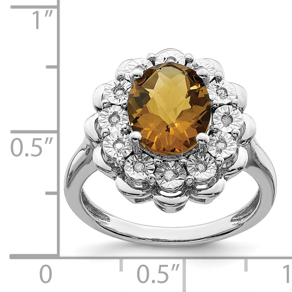 Sterling Silver Rhodium Diamond & Oval Checker-Cut Whiskey Quartz Ring - 7