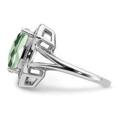 Sterling Silver Rhodium Diamond & Checker-Cut Green Quartz Ring