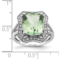 Sterling Silver Rhodium Diamond & Checker-Cut Green Quartz Ring