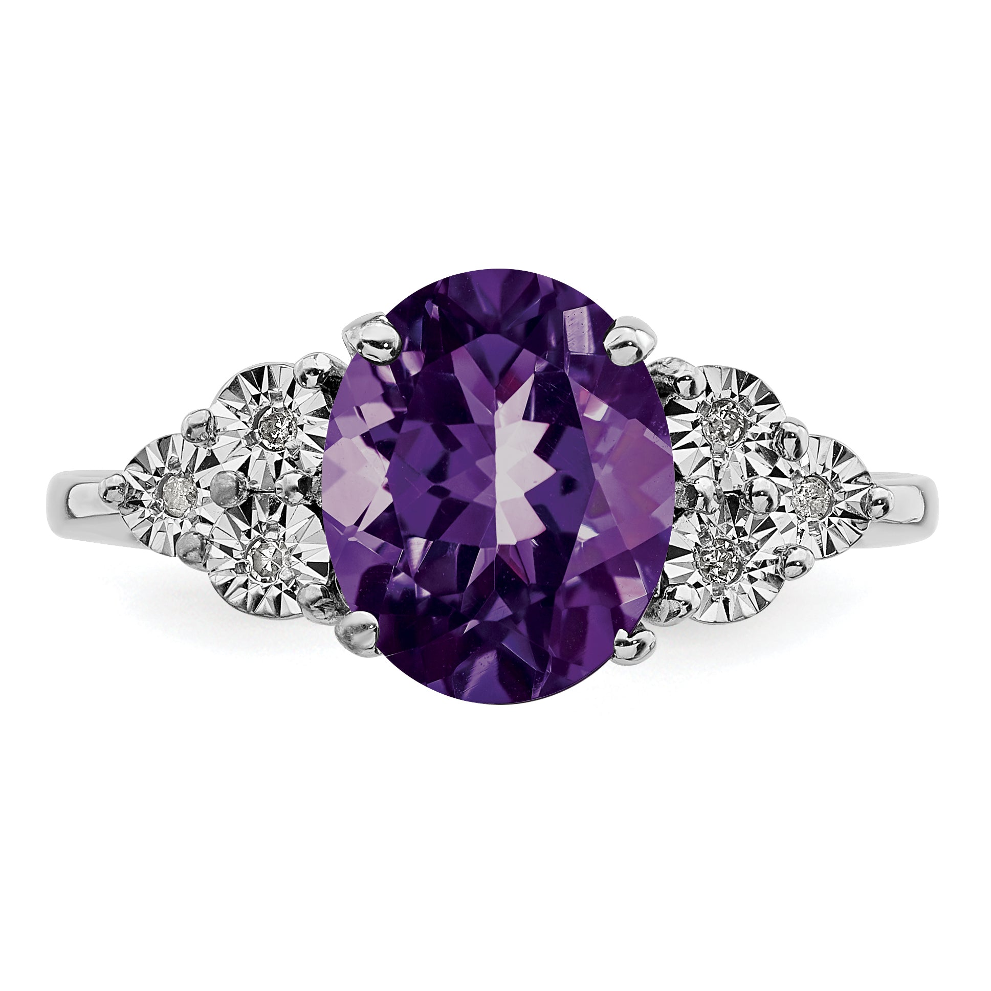 Sterling Silver Rhodium-plated Diamond & Amethyst Ring