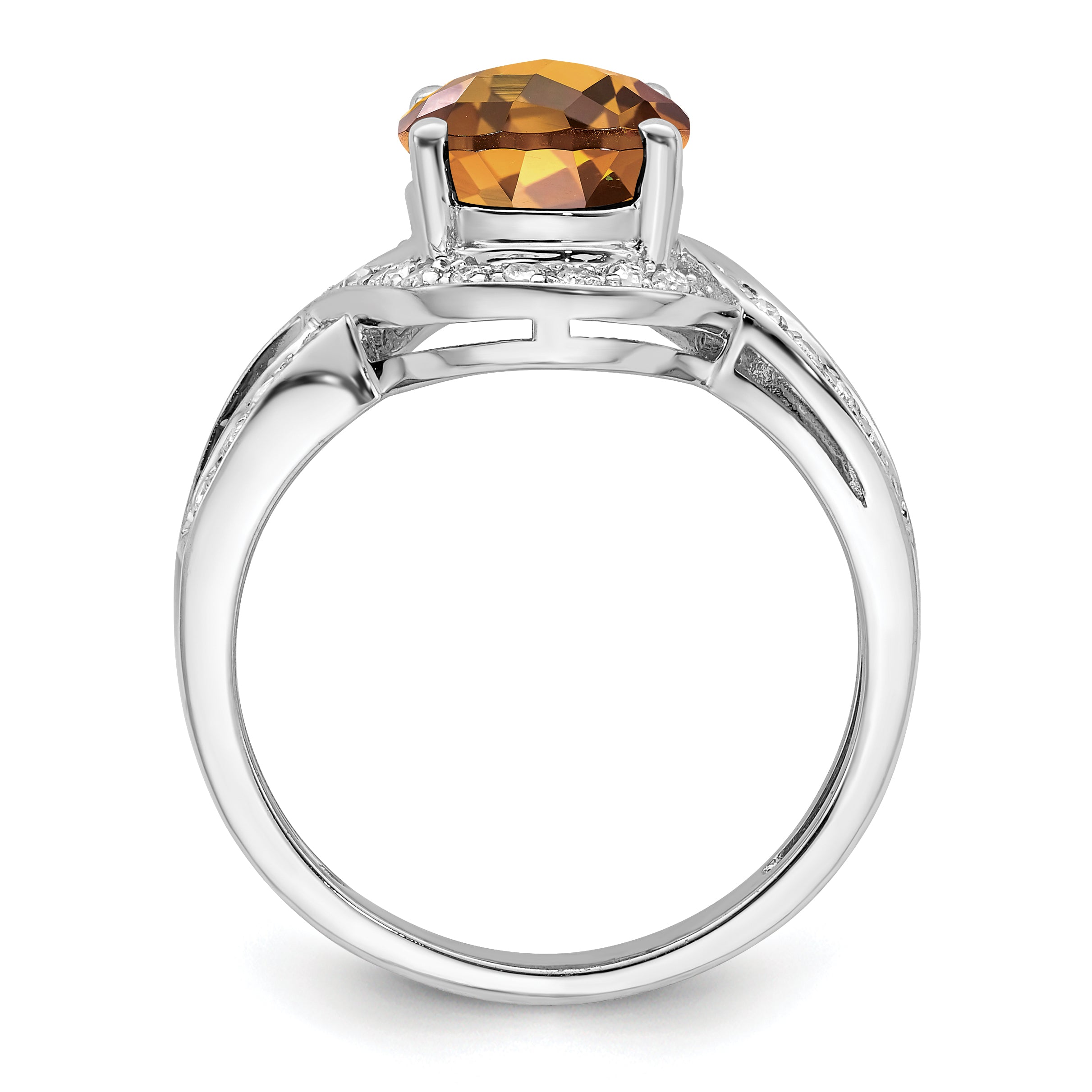 Sterling Silver Rhodium Diamond & Oval Checker-Cut Whiskey Quartz Ring - 7