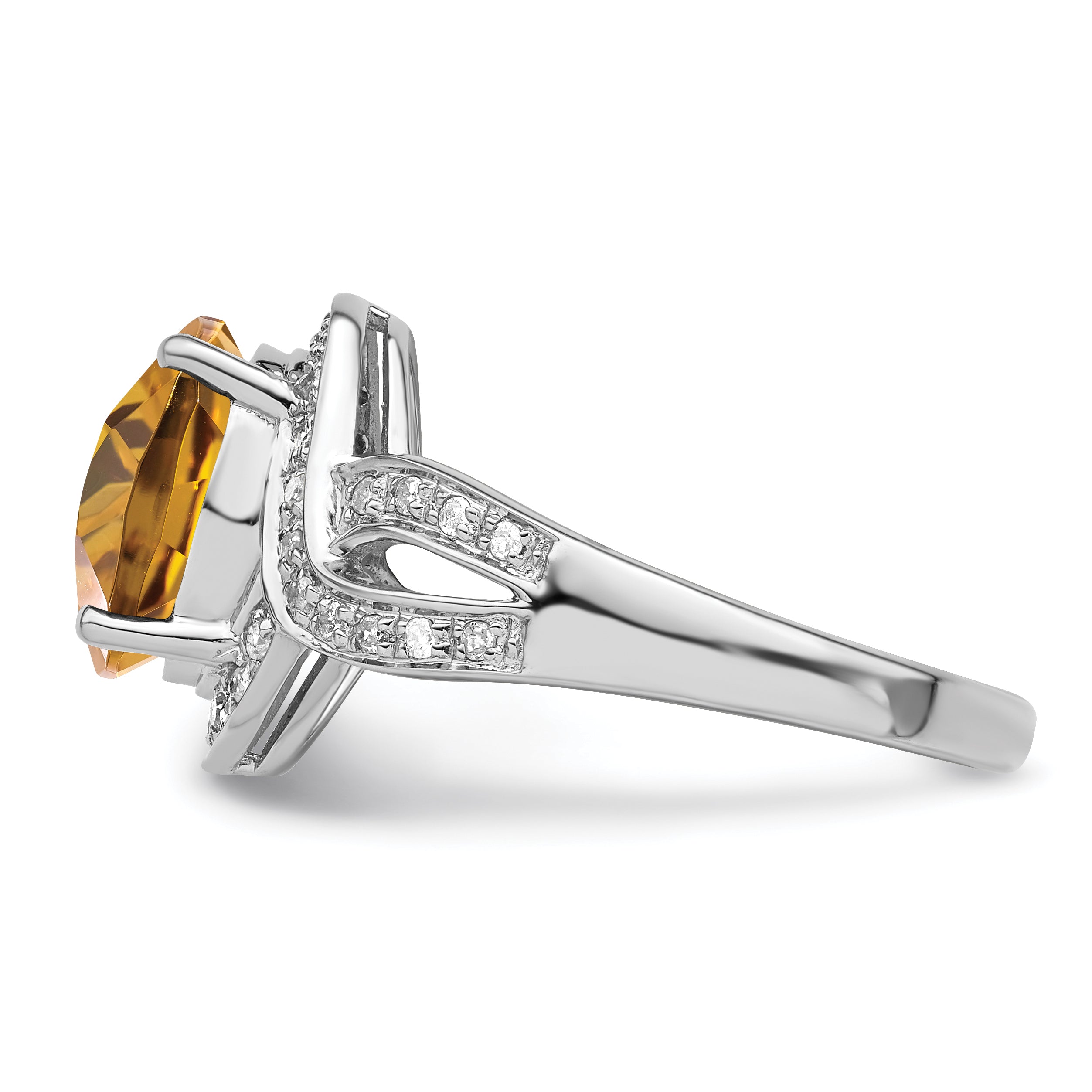 Sterling Silver Rhodium Diamond & Oval Checker-Cut Whiskey Quartz Ring - 7