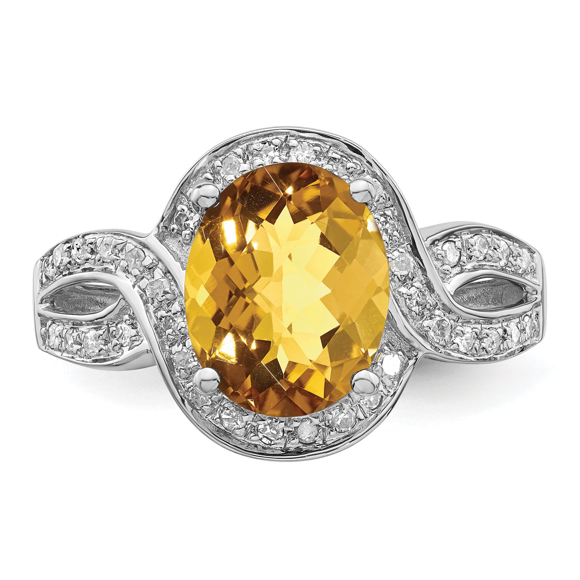 Sterling Silver Rhodium Diamond & Oval Checker-Cut Whiskey Quartz Ring - 7