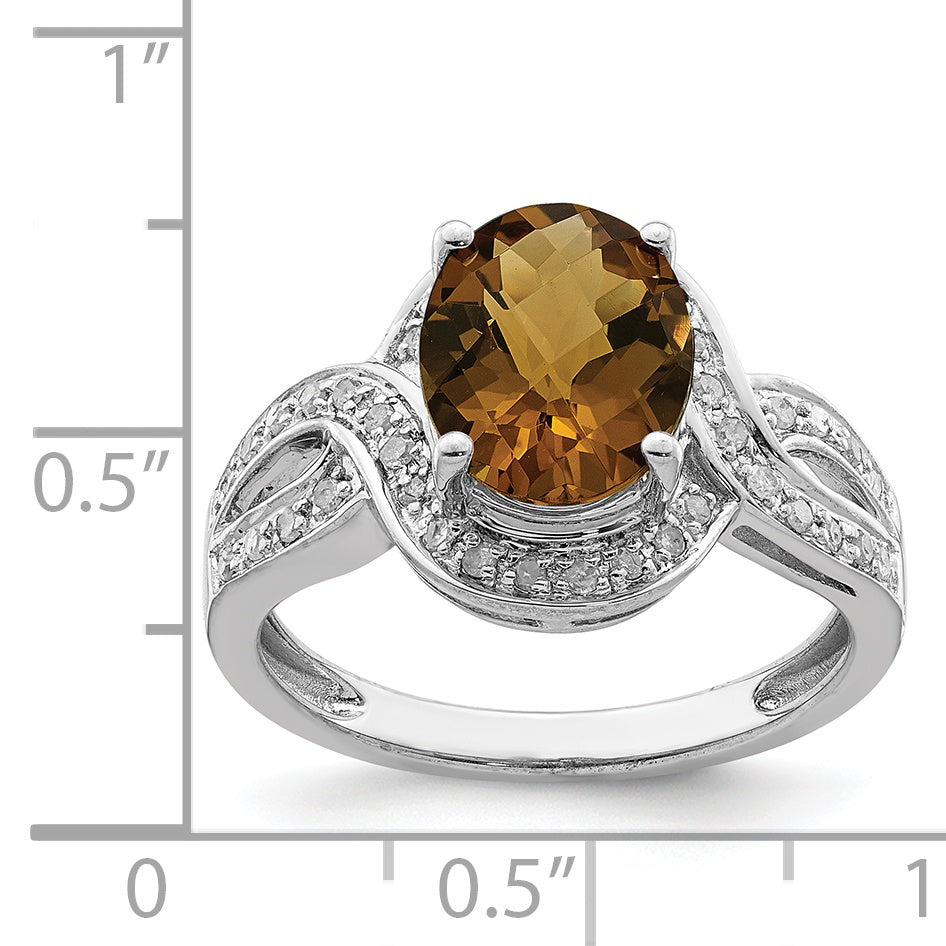 Sterling Silver Rhodium Diamond & Oval Checker-Cut Whiskey Quartz Ring - 7