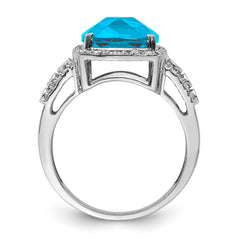 Sterling Silver Rhodium Checker-Cut Blue Topaz & Diamond Ring