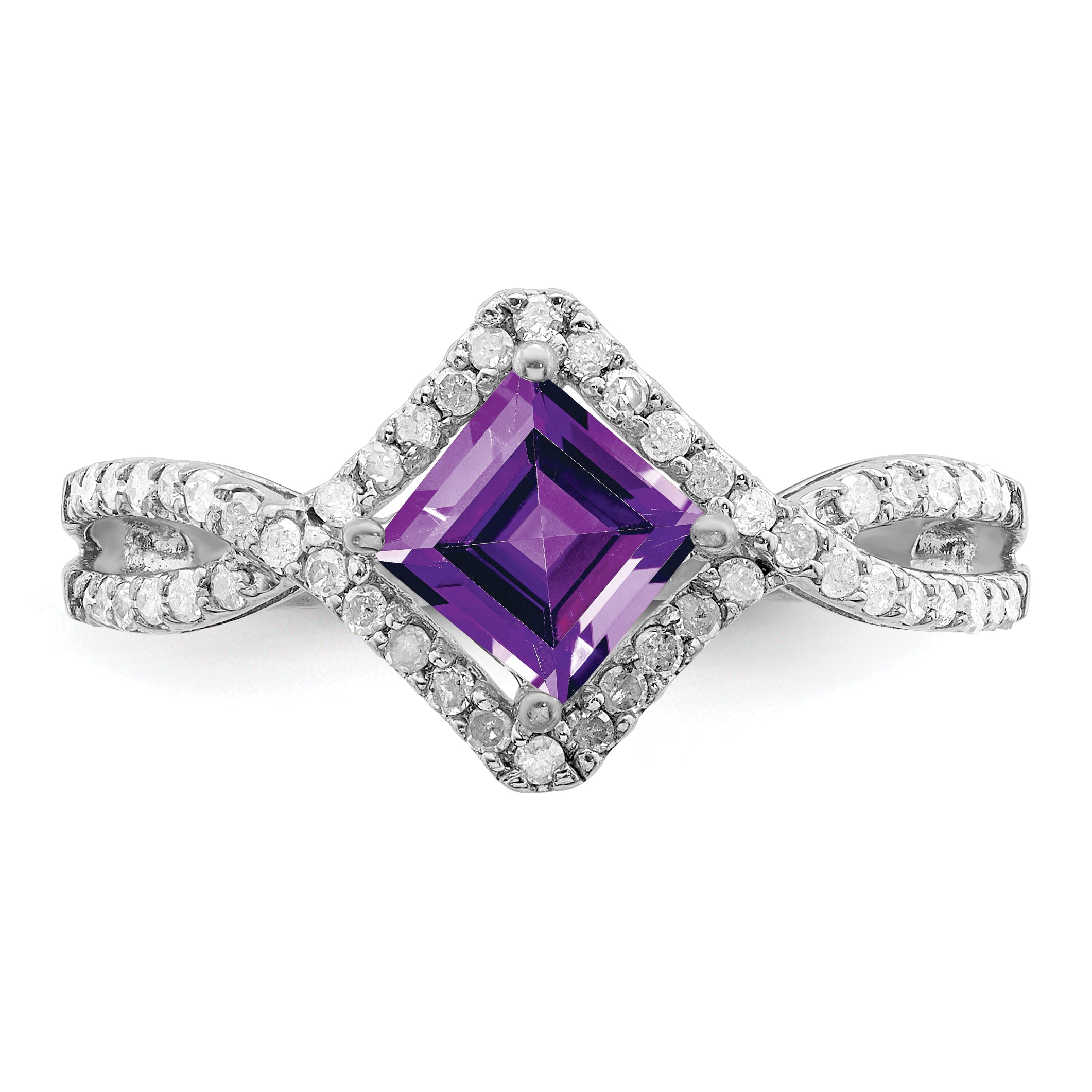 Sterling Silver Rhodium-plated Diamond & Amethyst Ring