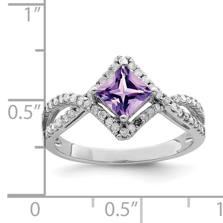 Sterling Silver Rhodium-plated Diamond & Amethyst Ring