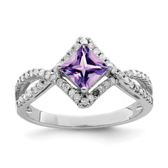 Sterling Silver Rhodium-plated Diamond & Amethyst Ring