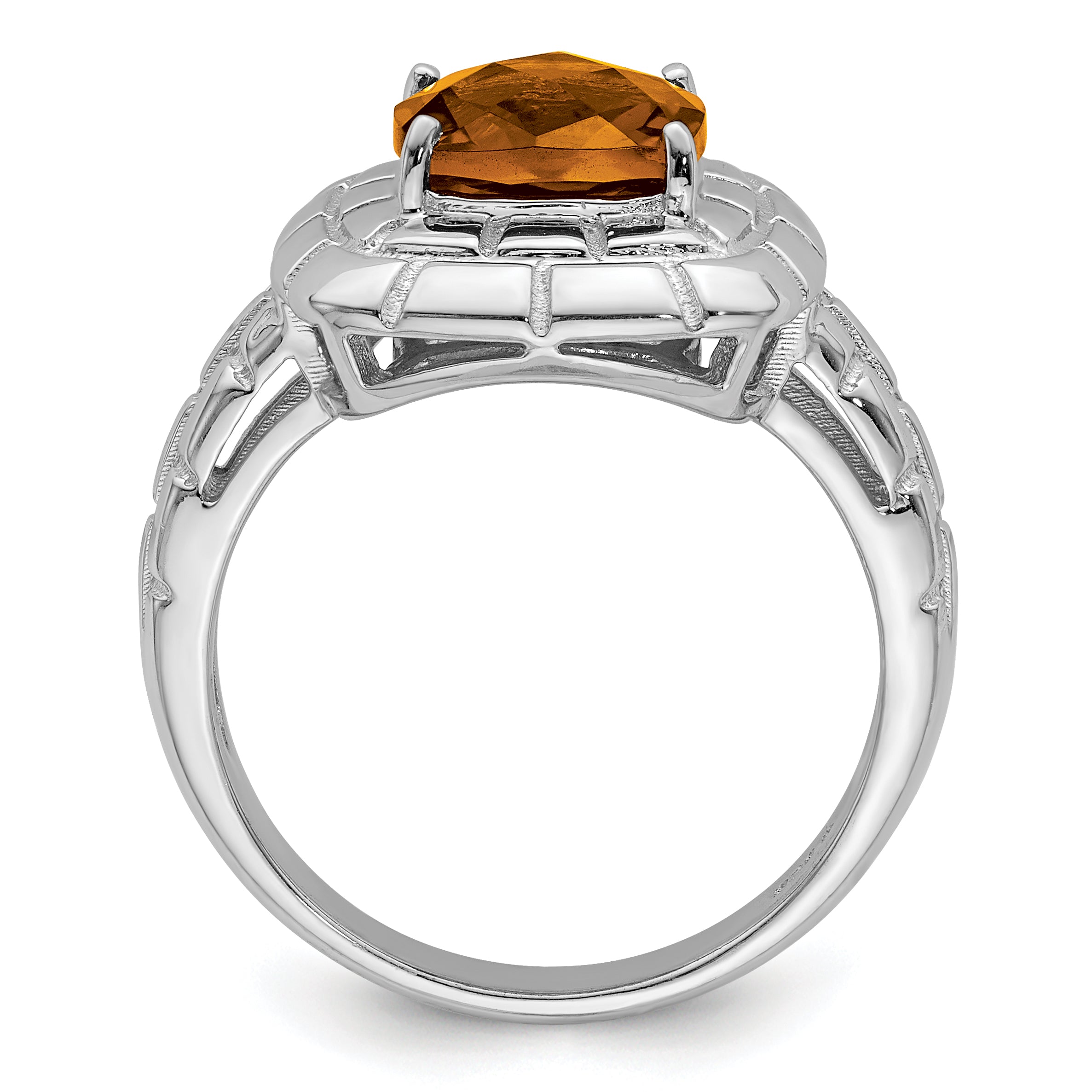 Sterling Silver Rhodium Checker-Cut Whiskey Quartz Ring - 7