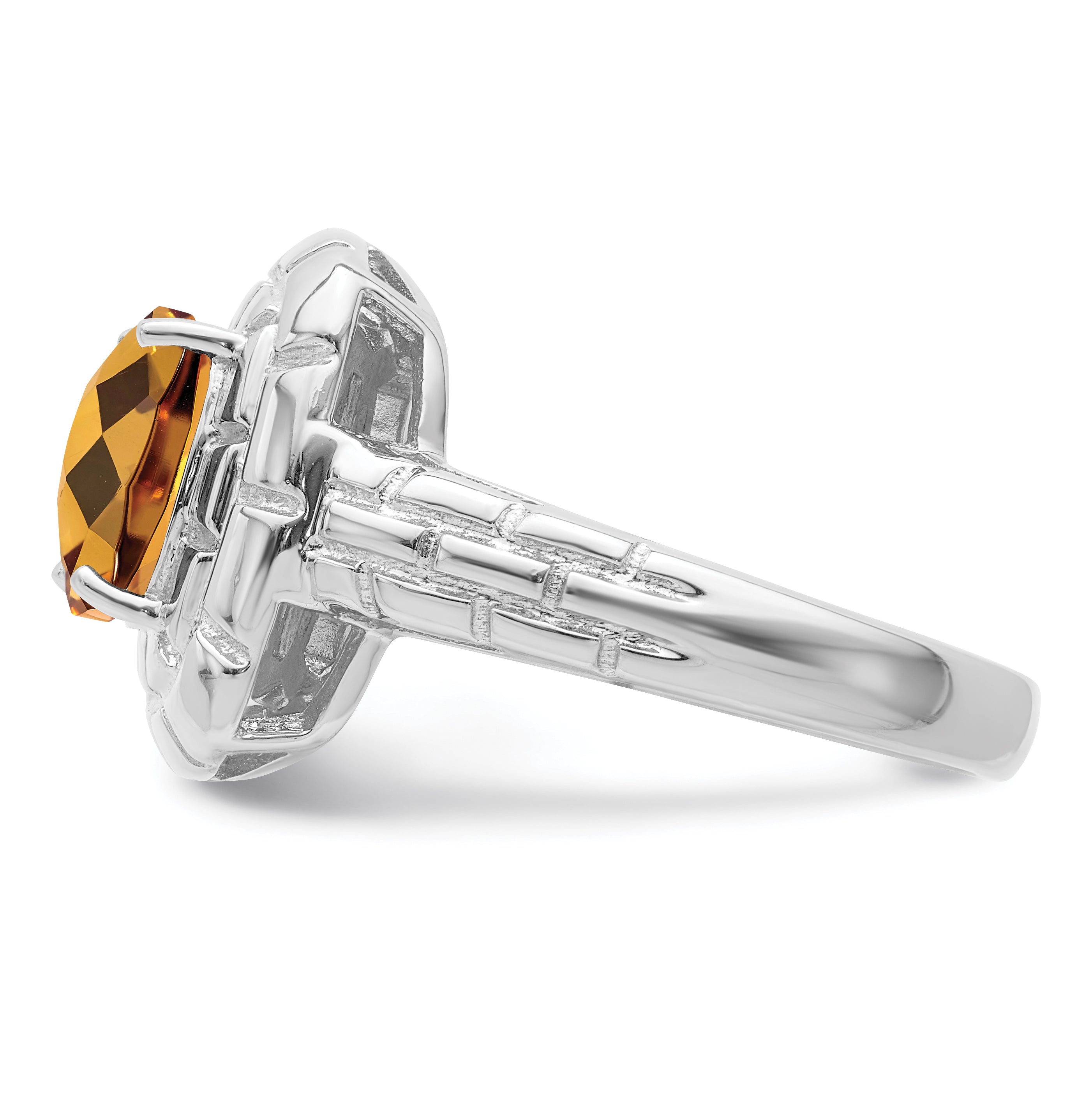 Sterling Silver Rhodium Checker-Cut Whiskey Quartz Ring - 7