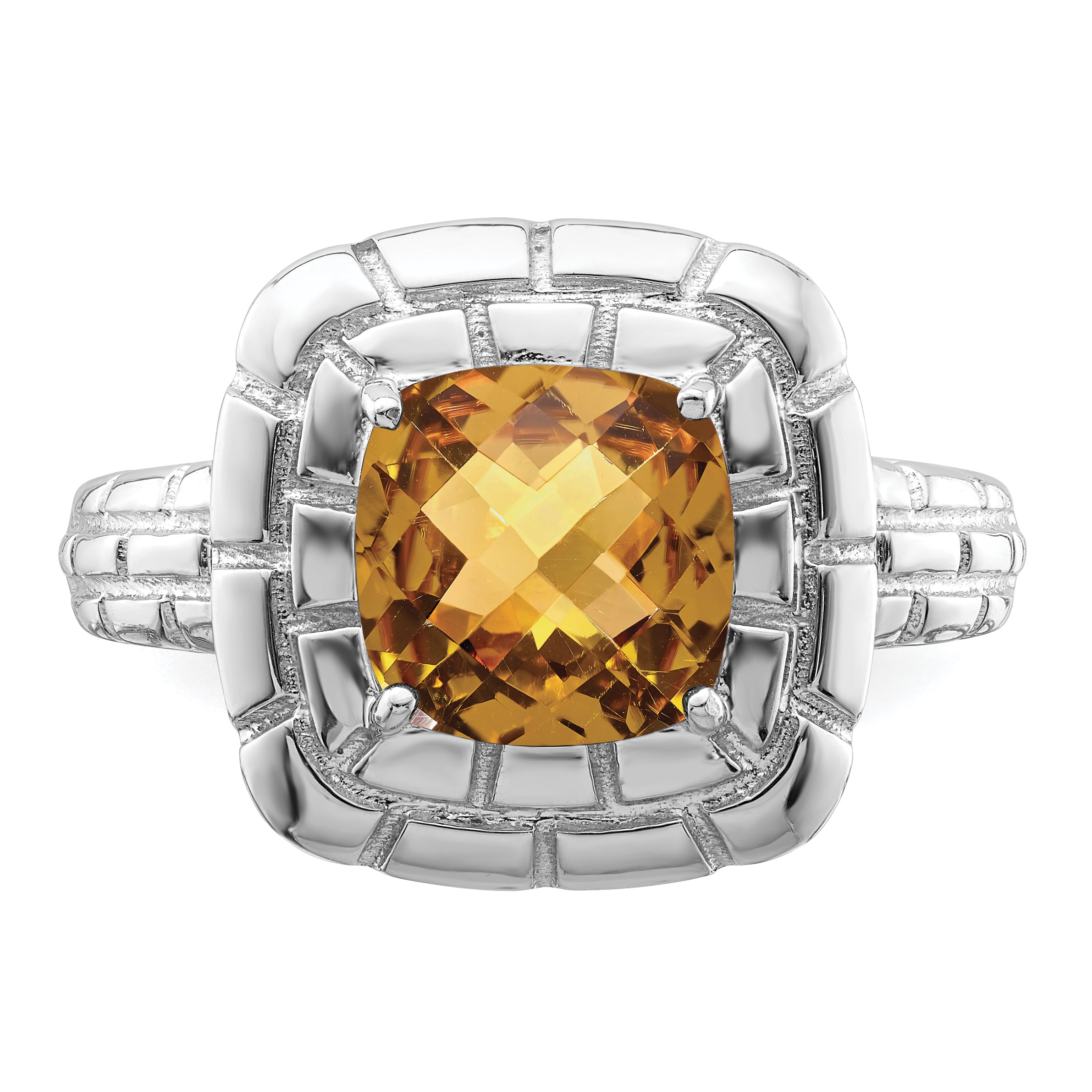 Sterling Silver Rhodium Checker-Cut Whiskey Quartz Ring - 7