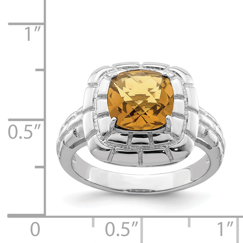 Sterling Silver Rhodium Checker-Cut Whiskey Quartz Ring - 7