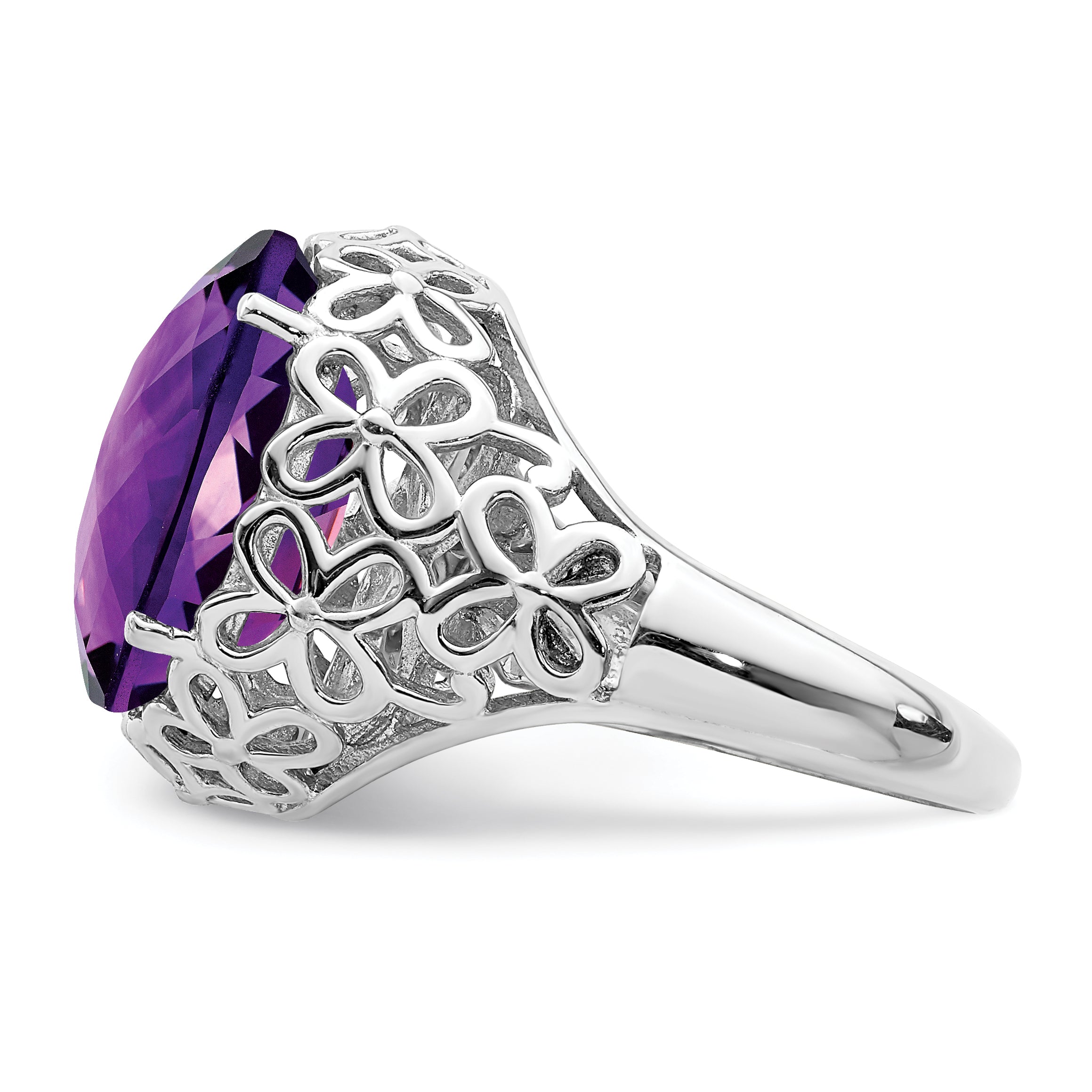 Sterling Silver Rhodium-plated Oval Checker-Cut Amethyst Ring
